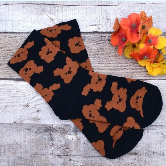 Colorful Favorites Accessories - Andi Larose Womens Puppy Dog Pattern Socks Brown on Black Gift Packaged
